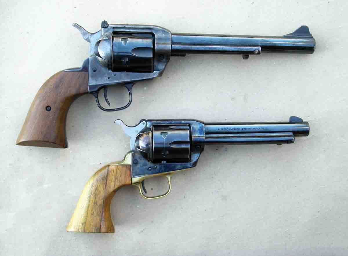 The U.S. manufactured Interarms Virginian Dragoon (top) is suitable for “Ruger Blackhawk .45 Colt” handload data. However, this data should NEVER be used in Colt SAA pattern European produced Interarms Virginian series revolvers produced by Hammerli of Switzerland (bottom).